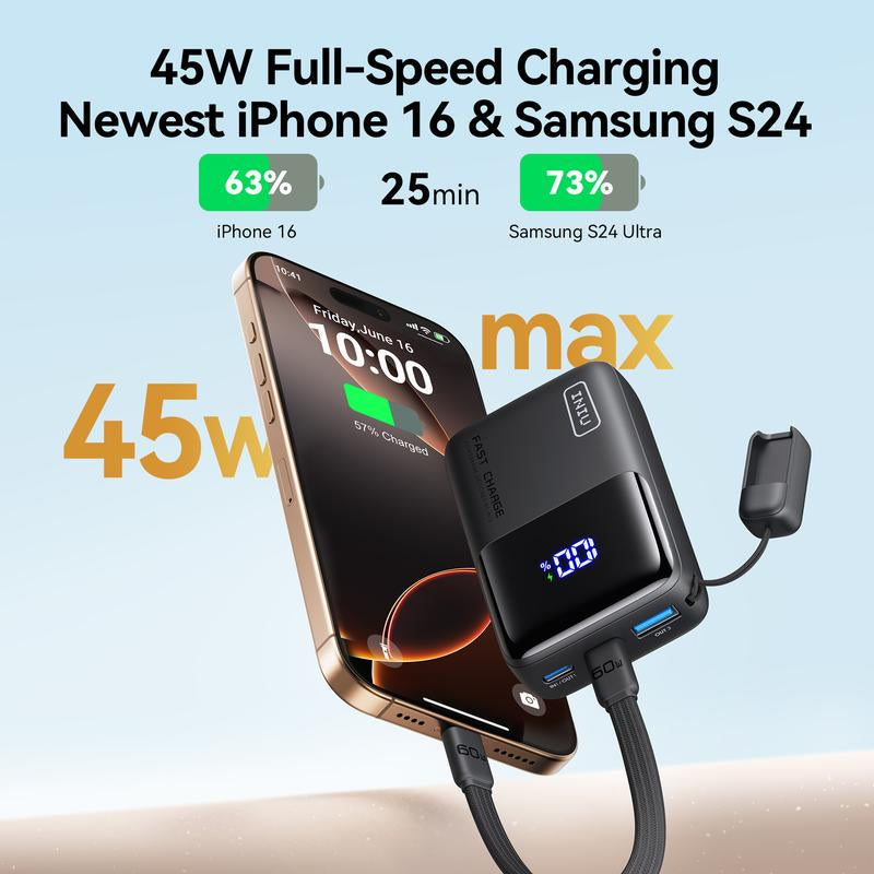 INIU Zapmini 45W PD 10000Mah Power Bank, Ultra Small Pocket Size Powerbank, Carry P50-E1 Travel Essentials Portable Charger, Detachable Lanyard USB C Cable Fast Charge Phone Battery Pack for Iphone 17 16 15 Series Ipad Airpods Samsung Switch Perfect Gift