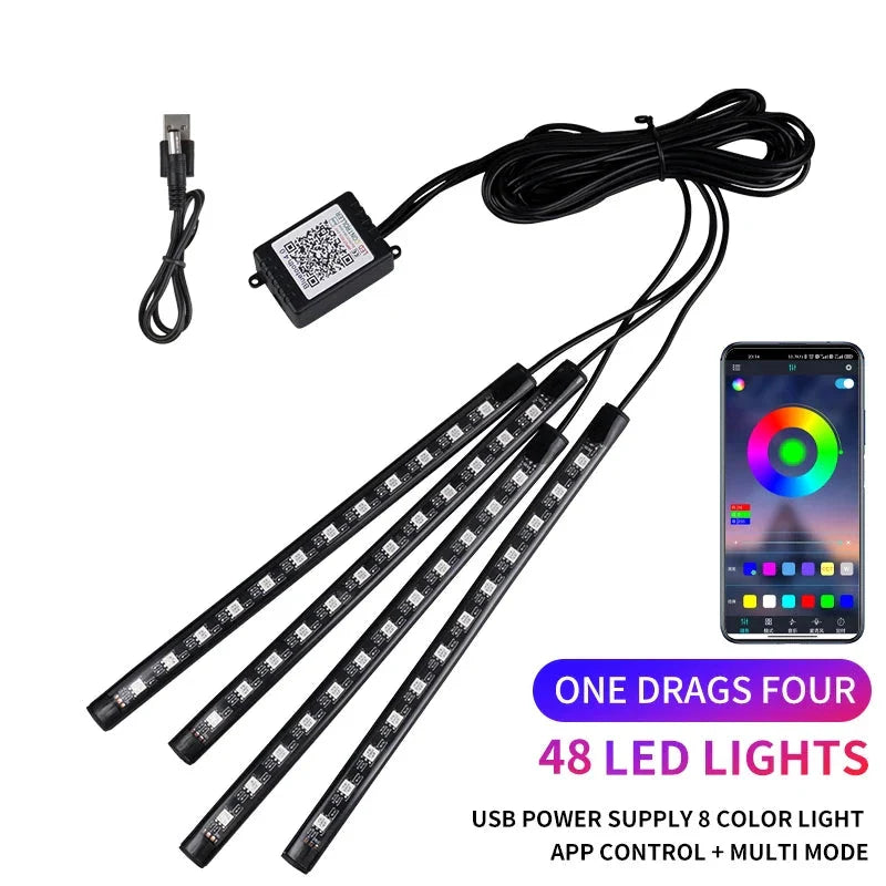 Neon LED Car Interior Ambient Light Kit - RGB Foot Strip with Remote & App Music Control