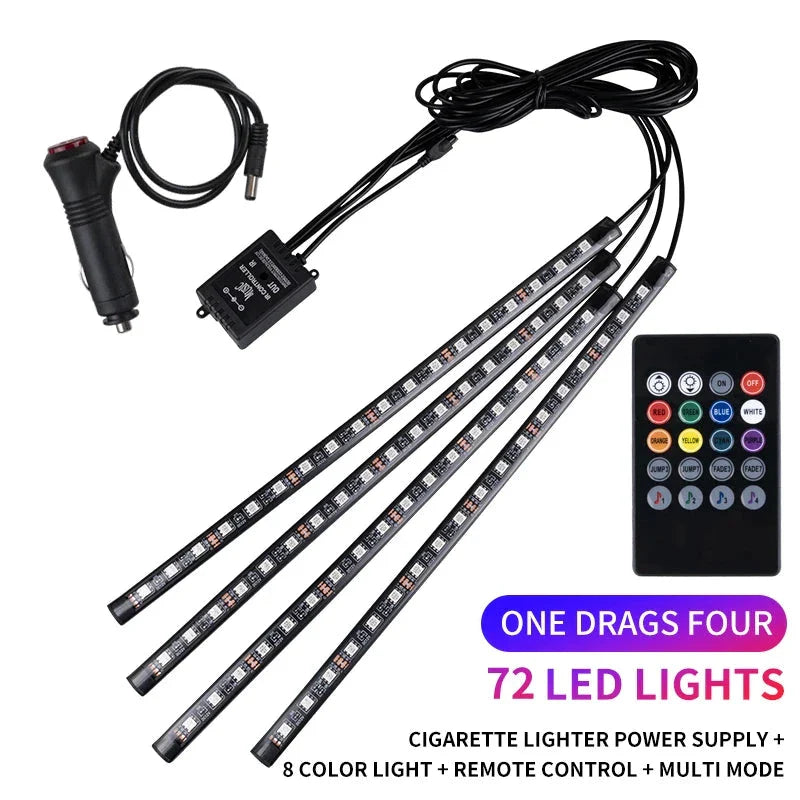 Neon LED Car Interior Ambient Light Kit - RGB Foot Strip with Remote & App Music Control