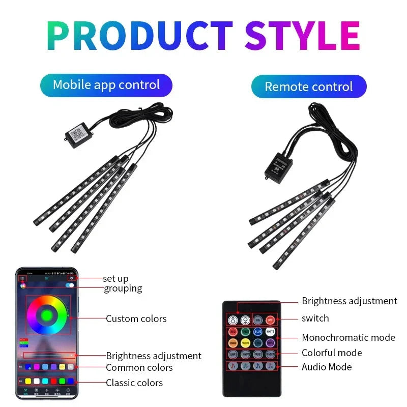 Neon LED Car Interior Ambient Light Kit – RGB Foot Strip Lighting with APP & Remote Control, Music Sync Car Decor Lamp